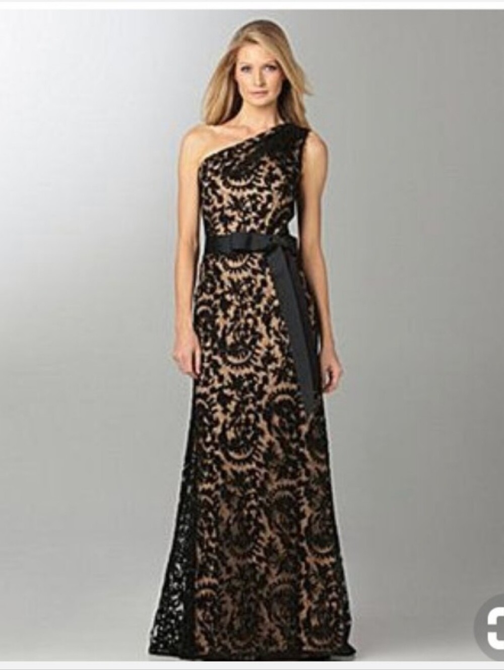 Tadashi Shoji One-Shoulder Black Lace Evening Gown with Nude Lining